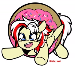 Size: 1785x1557 | Tagged: safe, artist:lrusu, oc, oc only, oc:redsun, pegasus, pony, blue eyes, donut, female, food, frosting, open mouth, simple background, solo, spread wings, sprinkles, white background, wings