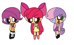 Size: 1024x628 | Tagged: safe, artist:hazelppgmlpfan58, apple bloom, scootaloo, sweetie belle, human, g4, adorabloom, apple bloom's bow, bow, clothes, cute, cutealoo, cutie mark crusaders, diasweetes, female, hair bow, humanized, one eye closed, powerpuffified, shoes, simple background, skirt, smiling, the powerpuff girls, trio, white background, wink