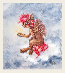Size: 3193x3579 | Tagged: safe, artist:alex g, oc, oc:hardy, alicorn, pony, alicorn oc, cloud, high res, horn, on a cloud, sitting, sitting on a cloud, solo, stars, traditional art, watercolor painting, wings