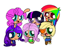 Size: 900x626 | Tagged: safe, artist:hazelppgmlpfan58, applejack, fluttershy, pinkie pie, rainbow dash, rarity, twilight sparkle, human, equestria girls, g4, applejack's hat, clothes, cowboy hat, female, hat, humanized, mane six, mane six opening poses, multicolored hair, one eye closed, powerpuffified, rainbow hair, shirt, shoes, simple background, skirt, smiling, text, the powerpuff girls, transparent background, wink
