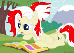 Size: 2048x1468 | Tagged: safe, artist:vi45, oc, oc only, oc:redsun, pegasus, pony, g4, blue eyes, book, female, folded wings, japan, mare, mountain, open book, reading, sitting, solo, tree, wings