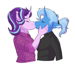 Size: 1881x1696 | Tagged: safe, artist:shimazun, starlight glimmer, trixie, pony, unicorn, anthro, clothes, duo, eyes closed, female, kiss on the lips, kissing, lesbian, mare, shipping, shirt, simple background, startrix, sweater, white background