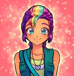 Size: 587x605 | Tagged: safe, artist:rileyav, sunny starscout, human, equestria girls, g4, g5, anime, anime style, bare shoulders, cute, equestria girls-ified, eyebrows, eyelashes, featured image, female, g5 to equestria girls, g5 to g4, generation leap, happy, humanized, jewelry, looking at you, mane stripe sunny, necklace, sexy, smiling, solo, sunnybetes