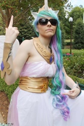 Size: 1365x2048 | Tagged: safe, artist:atemumustang, princess celestia, human, g4, bare shoulders, clothes, cosplay, costume, irl, irl human, photo, sleeveless, sunglasses