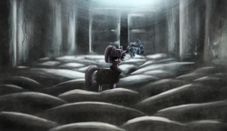 Size: 4000x2300 | Tagged: safe, artist:t72b, maud pie, starlight glimmer, trixie, earth pony, pony, unicorn, g4, cape, clothes, cyrillic, depth of field, doorway, dust, female, folklore, hat, limited palette, looking at you, mare, movie reference, overcoat, ponified, roadside picnic, russian, s5 starlight, scene, scene interpretation, stalker, stalker (movie), underground, walking