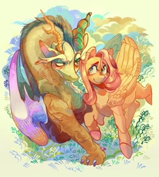 Size: 2000x2226 | Tagged: safe, artist:junkochi_, discord, fluttershy, draconequus, pegasus, pony, g4, female, high res, looking at each other, looking at someone, lovely, male, painting, ship:discoshy, shipping, straight