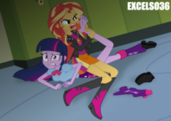 Size: 935x661 | Tagged: safe, artist:excelso36, sunset shimmer, twilight sparkle, human, equestria girls, angry, barefoot, clothes, concerned, discarded clothing, feet, female, fetish, foot fetish, foot worship, gym shorts, lesbian, licking, licking foot, reference, shipping, socks, spongebob reference, spongebob squarepants, sports, the fry cook games, tongue out, wrestling