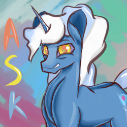 Size: 1024x1024 | Tagged: safe, artist:awhitesheep, pokey pierce, pony, unicorn, g4, abstract background, ask, horn, male, smiling, stallion, text