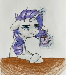 Size: 868x979 | Tagged: safe, artist:mintytreble, rarity, pony, unicorn, g4, coffee, coffee mug, dishevelled, glowing, glowing horn, horn, i hate mondays, magic, messy mane, monday, mug, telekinesis, traditional art