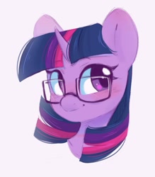 Size: 837x955 | Tagged: safe, artist:melodylibris, twilight sparkle, ambiguous race, pony, g4, adorkable, aside glance, bust, cute, dork, female, glasses, horn, looking at you, mare, meganekko, portrait, simple background, smiling, solo