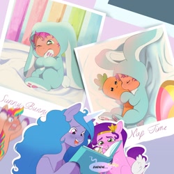 Size: 1200x1200 | Tagged: safe, artist:aztrial, izzy moonbow, pipp petals, sunny starscout, earth pony, pegasus, pony, unicorn, g5, album, angry, animal costume, awww, baby, baby picture, baby pony, baby sunny starscout, book, bunny costume, bunny starscout, carrot, carrot plushie, cellphone, clothes, costume, cute, cuteness overload, daaaaaaaaaaaw, female, filly, filly sunny starscout, foal, food, funny background event, headband, jewelry, open mouth, open smile, phone, photo album, plushie, rage, regalia, sleeping, smiling, sunny bunny, sunny starscout is not amused, sunnybetes, this will end in pain, unamused, unshorn fetlocks, younger