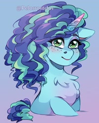 Size: 2900x3600 | Tagged: safe, artist:pelosrosados, misty brightdawn, pony, unicorn, g5, my little pony: make your mark, spoiler:g5, spoiler:my little pony: make your mark, chest fluff, cute, female, freckles, frizzy hair, high res, looking at you, mare, mistybetes, smiling, solo