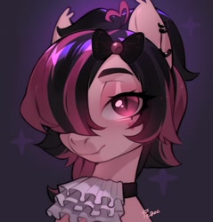 Size: 978x1024 | Tagged: safe, artist:fedos, oc, oc only, bat pony, pony, bow, bust, cravat, ear piercing, hair bow, hair over one eye, lidded eyes, looking at you, piercing, slit pupils, smiling, solo