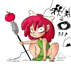 Size: 2250x2250 | Tagged: safe, artist:tjpones, apple bloom, human, g4, apple, bone, bone in hair, cave painting, cavegirl, caveman, cavewoman, food, freckles, frown, high res, humanized, loincloth, looking at you, ooga booga, simple background, spear, squatting, weapon, white background