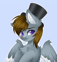 Size: 3521x3794 | Tagged: safe, artist:bizarrepony, oc, oc only, oc:rockyroadic, pegasus, pony, blue background, cute, hat, high res, simple background, solo, top hat