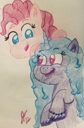 Size: 2521x3844 | Tagged: safe, artist:jesslmc16, izzy moonbow, pinkie pie, earth pony, pony, unicorn, g5, my little pony: a new generation, colored pencil drawing, high res, traditional art