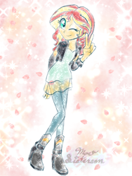 Size: 768x1024 | Tagged: safe, artist:moesisterson, sunset shimmer, human, equestria girls, g4, doodle, female, looking at you, one eye closed, peace sign, solo, wink, winking at you