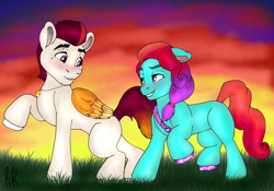 Size: 1378x965 | Tagged: safe, artist:rosekimart, jazz hooves, rocky riff, earth pony, pegasus, pony, g5, my little pony: make your mark, duo, female, love, male, mare, ship:rockjazz, shipping, stallion, straight, sunset