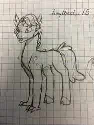 Size: 3024x4032 | Tagged: safe, artist:nightlight2005, oc, oc only, oc:amethyst, dracony, hybrid, female, graph paper, interspecies offspring, monochrome, offspring, parent:rarity, parent:spike, parents:sparity, pencil drawing, solo, traditional art