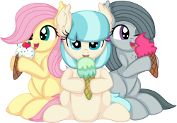 Size: 7799x5450 | Tagged: safe, artist:cyanlightning, coco pommel, fluttershy, marble pie, earth pony, pegasus, pony, .svg available, absurd resolution, cocobetes, cute, daaaaaaaaaaaw, ear fluff, eating, eyes closed, female, foal, food, ice cream, marblebetes, mare, shyabetes, simple background, smiling, strawberry, the council of shy ponies, tongue out, transparent background, trio, vector, younger