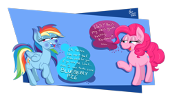 Size: 2000x1200 | Tagged: safe, artist:lukewarmluke, part of a set, pinkie pie, rainbow dash, earth pony, pegasus, pony, series:a dash of blue (lukewarmluke), g4, blueberry, blueberry inflation, charlie and the chocolate factory, digital art, expansion, folded wings, food, imminent inflation, inflation, roald dahl, simple background, speech bubble, transparent background, turning blue, willy wonka and the chocolate factory, wings