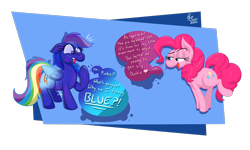 Size: 2000x1200 | Tagged: safe, artist:lukewarmluke, part of a set, pinkie pie, rainbow dash, earth pony, pegasus, pony, series:a dash of blue (lukewarmluke), g4, blueberry, blueberry inflation, charlie and the chocolate factory, chewing, chewing gum, digital art, eating, expansion, folded wings, food, gum, imminent inflation, inflation, rainberry dash, roald dahl, simple background, speech bubble, transparent background, turning blue, willy wonka and the chocolate factory, wings