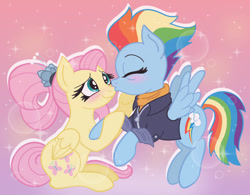 Size: 1012x790 | Tagged: safe, artist:pennylollyling, fluttershy, rainbow dash, pegasus, pony, g4, the last problem, blushing, cute, dashabetes, eye wrinkles, eyes closed, female, kissing, lesbian, mare, older, older fluttershy, older rainbow dash, ship:flutterdash, shipping, shyabetes, smiling