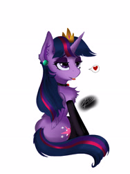 Size: 2448x3264 | Tagged: safe, artist:zpdea, twilight sparkle, alicorn, pony, g4, chest fluff, clothes, collar, crown, ear fluff, ear piercing, goth, gothic, high res, jewelry, lidded eyes, piercing, regalia, simple background, socks, solo, spoken heart, tongue out, twilight sparkle (alicorn), white background