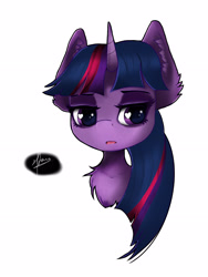 Size: 2448x3264 | Tagged: safe, artist:zpdea, twilight sparkle, pony, g4, bust, chest fluff, ear fluff, high res, lidded eyes, simple background, solo, white background