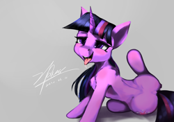 Size: 3867x2721 | Tagged: safe, artist:zpdea, twilight sparkle, pony, unicorn, g4, back, bedroom eyes, butt, chest fluff, dock, drool, female, gray background, high res, mare, open mouth, plot, simple background, solo, tail, tongue out, unicorn twilight