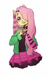 Size: 1064x1631 | Tagged: safe, artist:fedos, fluttershy, pegasus, anthro, dtiys emoflat, g4, choker, chokershy, female, hair over one eye, meme origin, open mouth, simple background, smiling, solo, spiked choker, white background