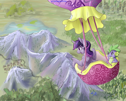 Size: 1250x1000 | Tagged: safe, artist:victorydanceofficial, spike, twilight sparkle, alicorn, dragon, pony, duo, female, happy, hot air balloon, male, mare, mountain, open mouth, open smile, smiling, train tracks, twilight sparkle (alicorn), twinkling balloon