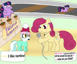 Size: 6048x5036 | Tagged: safe, artist:pinkiepie69, lyra heartstrings, posey shy, twilight sparkle, pegasus, pony, unicorn, g4, age difference, face paint, flower, flower pot, meme, microphone, ponified meme, speech bubble, train station, twiggie