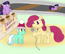 Size: 6048x5036 | Tagged: safe, lyra heartstrings, posey shy, twilight sparkle, pegasus, pony, unicorn, g4, age difference, flower pot, microphone, train station, twiggie, younger
