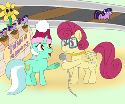 Size: 6048x5036 | Tagged: safe, artist:pinkiepie69, lyra heartstrings, posey shy, twilight sparkle, pegasus, pony, unicorn, g4, beanie, flower, glasses, hat, microphone, older, train tracks, twiggie