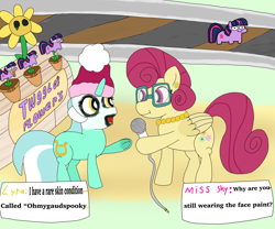 Size: 6048x5036 | Tagged: safe, artist:pinkiepie69, lyra heartstrings, posey shy, twilight sparkle, pegasus, pony, unicorn, g4, beanie, face paint, female, flower, glasses, hat, hoof hold, mare, meme, microphone, speech bubble, train tracks, twiggie