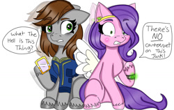 Size: 1280x808 | Tagged: safe, artist:poniloni, pipp petals, oc, oc:littlepip, pegasus, pony, fallout equestria, g5, accessory swap, adorapipp, cellphone, clothes, cute, duo, duo female, eyebrows, eyebrows visible through hair, female, jumpsuit, mare, missing horn, namesake, phone, pipbuck, pun, simple background, smartphone, unshorn fetlocks, vault suit, visual pun, white background