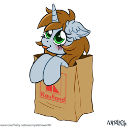 Size: 1024x1025 | Tagged: safe, artist:ryanthewolf07, oc, oc:littlepip, pony, unicorn, fallout equestria, :p, bag, cute, ear fluff, kaufland, looking up, shopping bag, simple background, tongue out, white background