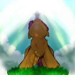 Size: 718x720 | Tagged: safe, artist:felan-tae, rainbow dash, scootaloo, pegasus, pony, g4, chest fluff, crepuscular rays, female, filly, foal, grass, looking up, low angle, mare
