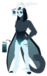 Size: 626x1000 | Tagged: safe, artist:purplegrim40, oc, oc only, hybrid, anthro, unguligrade anthro, clothes, eyelashes, interspecies offspring, offspring, parent:queen chrysalis, parent:storm king, simple background, solo, transparent background