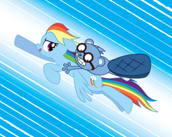 Size: 10000x8000 | Tagged: safe, artist:lunahazacookie, rainbow dash, oc, oc:culu, beaver, pegasus, pony, g4, abstract background, duo, female, flying, glasses, mare, riding, scared