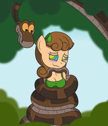 Size: 3000x3500 | Tagged: safe, artist:lunahazacookie, oc, earth pony, snake, anthro, bust, coils, duo, earth pony oc, female, forest, high res, hypno eyes, hypnosis, hypnotized, kaa, kaa eyes, male, smiling