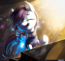 Size: 1168x1100 | Tagged: safe, artist:xennos, coloratura, earth pony, pony, g4, the mane attraction, 2015, clothes, crowd, crying, cutie mark, eyes closed, female, glowing cutie mark, mare, musical instrument, old art, open mouth, piano, raised hoof, rara, scene interpretation, singing, smiling, solo, tears of joy, the magic inside