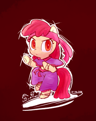 Size: 931x1176 | Tagged: safe, artist:fipoki, apple bloom, earth pony, pony, g4, bipedal, dungeons and dragons, female, filly, foal, headband, monk, pen and paper rpg, red background, rpg, simple background, solo