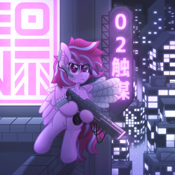 Size: 3000x3000 | Tagged: safe, artist:sol-r, oc, oc only, oc:jazzy, pegasus, pony, augmented, cyberpunk, gun, high res, neon, neon sign, rifle, roof, weapon