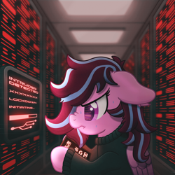Size: 4000x4000 | Tagged: safe, artist:sol-r, oc, oc only, oc:jazzy, pegasus, pony, absurd file size, absurd resolution, clothes, female, floppy ears, frown, mare, pegasus oc, screen, scrunchy face, sweat, tablet, turtleneck