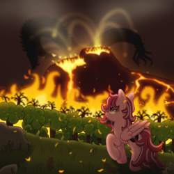 Size: 4000x4000 | Tagged: safe, artist:sol-r, oc, oc only, oc:jazzy, chinese dragon, dragon, pegasus, pony, absurd file size, absurd resolution, eruption, fire, frown, raised hoof, volcano