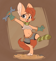 Size: 863x937 | Tagged: safe, artist:rexyseven, oc, oc:rusty gears, fennec fox, fox, anthro, digitigrade anthro, barely pony related, clothes, delicious flat chest, female, furry, gloves, heterochromia, midriff, scarf, shorts, sock, socks, solo, species swap, striped socks