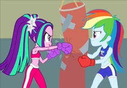 Size: 622x430 | Tagged: safe, artist:sapphiregamgee, aria blaze, rainbow dash, human, equestria girls, g4, boxing, boxing gloves, clothes, cropped, duo, duo female, female, punch, punching bag, shorts, sports, sports bra, sports shorts, workout outfit