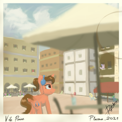 Size: 1077x1078 | Tagged: safe, artist:doughnutwubbs, oc, oc only, oc:vibin' stellar, pony, unicorn, cafe, female, headphones, mare, photo, polaroid, town